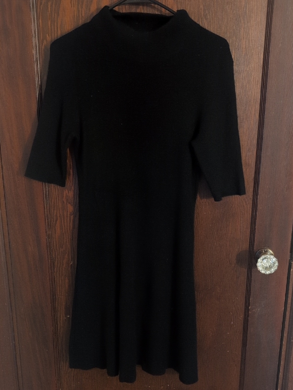 White + Warren Black Short-Sleeve Midi Knit Dress Cashmere